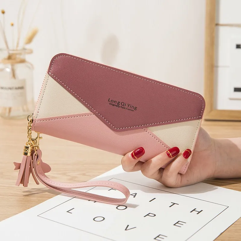 

Women Wallets Pu Leather Long Envelope Tassel Wristband Female Color Contrast Phone Bag Coin Purses Ladies Multi-card Holder