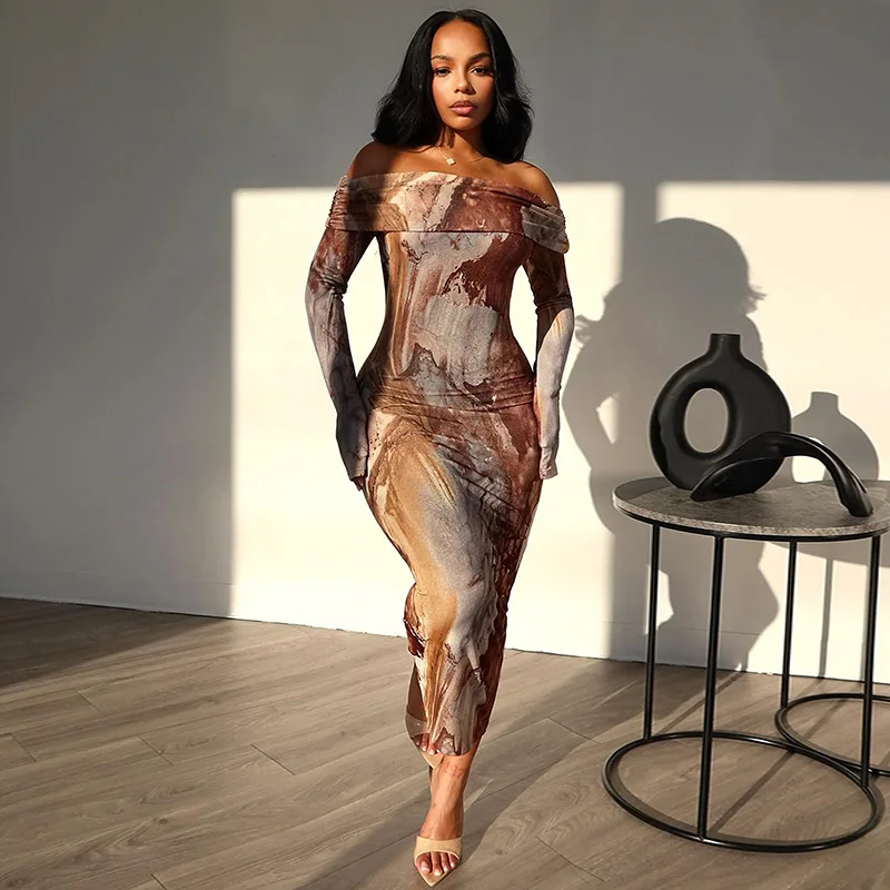Spring New Women's Off-shoulder One-word Collar Long-sleeved Bodycon Dress Fashion Tie-dye Slim-fit Autumn Women's Casual Dress