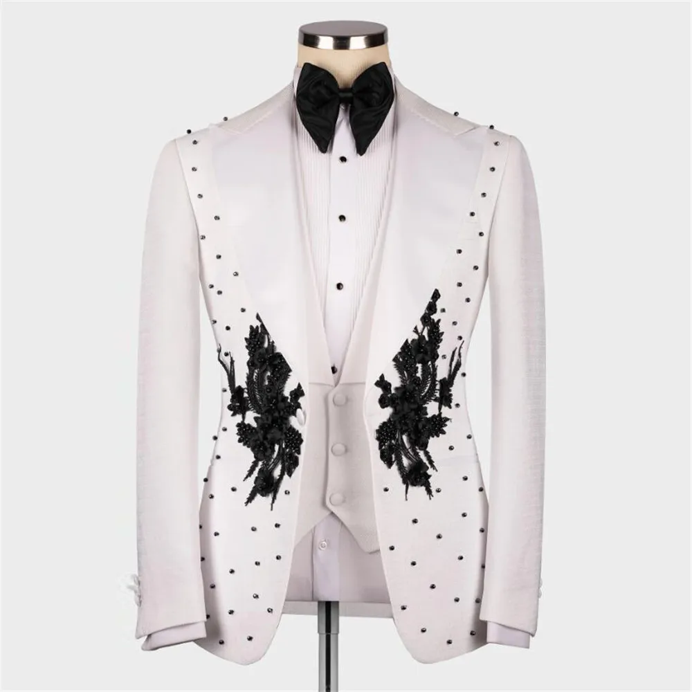

Luxury Plears Beaded Mens Suits 3 Pieces Sets Black Appliqeus Prom Blazers Groom Man Wedding Tuxedos Terno Masculino Completo
