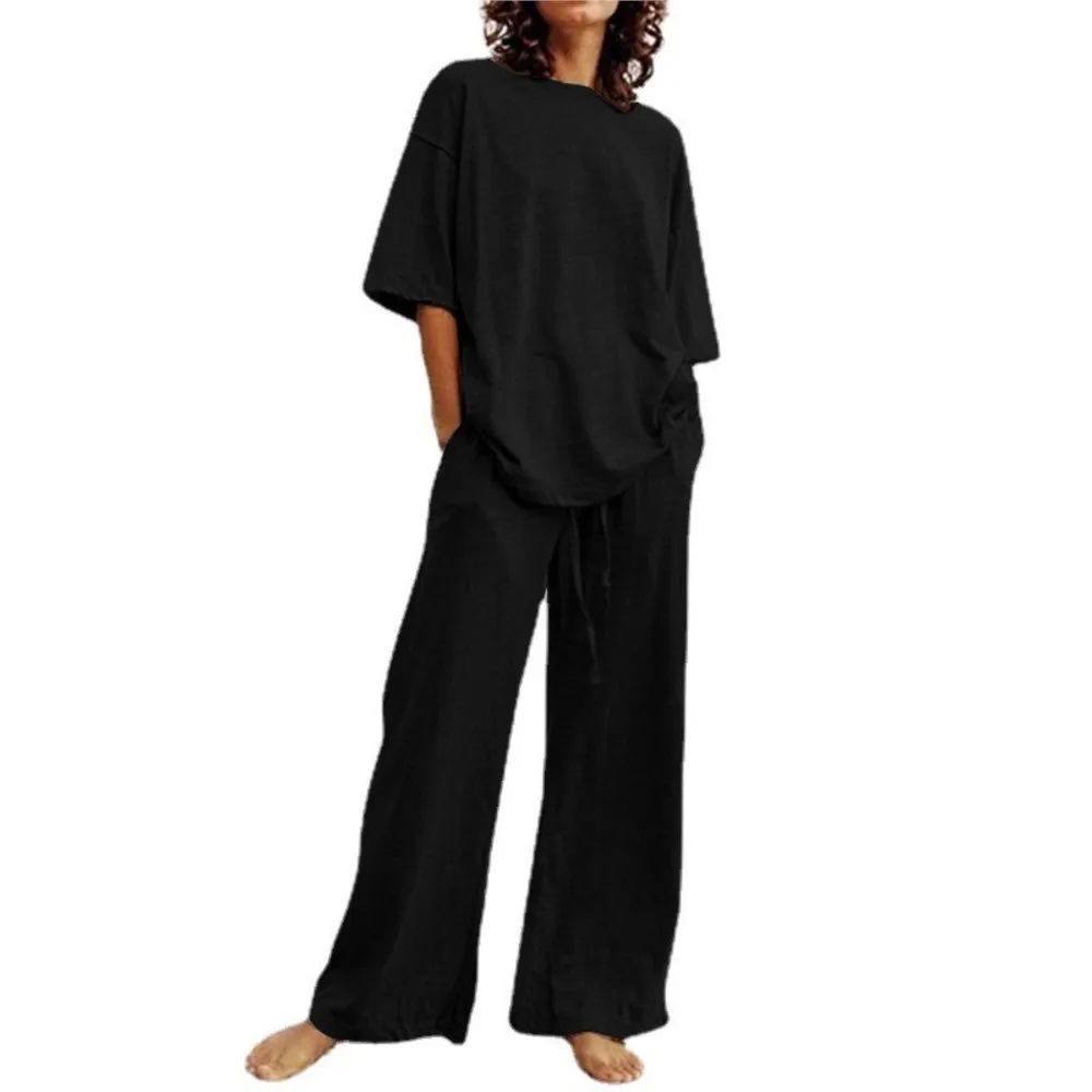 Summer Loose Vintage Solid Half Sleeve Tshirt Drawstring Wide Leg Pant Sets 2 Pieces Suit Y2k Women Outfits New In Matching Sets