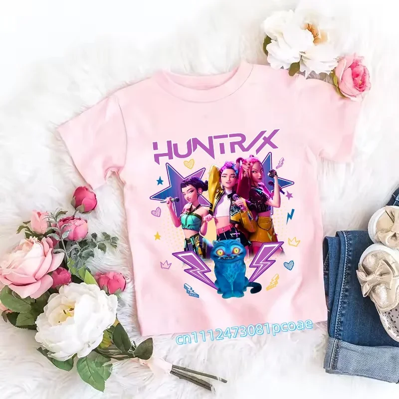 Children's Anime-Inspired Demon Hunters T-Shirt - K-pop Cartoon Pattern, Casual Girls' Top, Gift Option