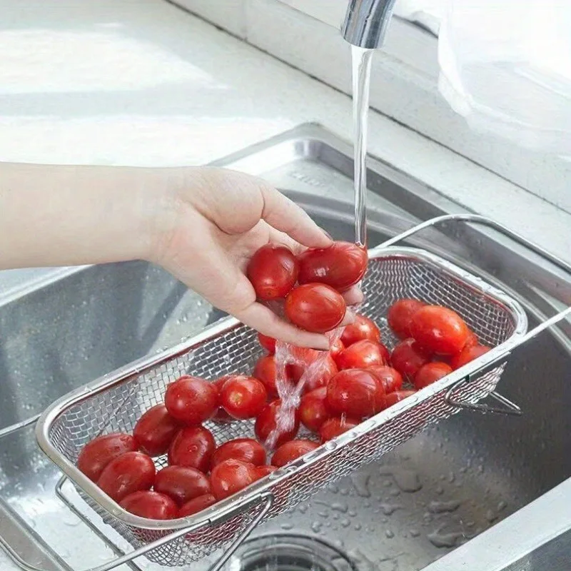 1 Set Stainless Steel Over Sink Colander with Telescopic Handle - Metal Mesh Strainer Basket for Washing Fruits & Vegetables