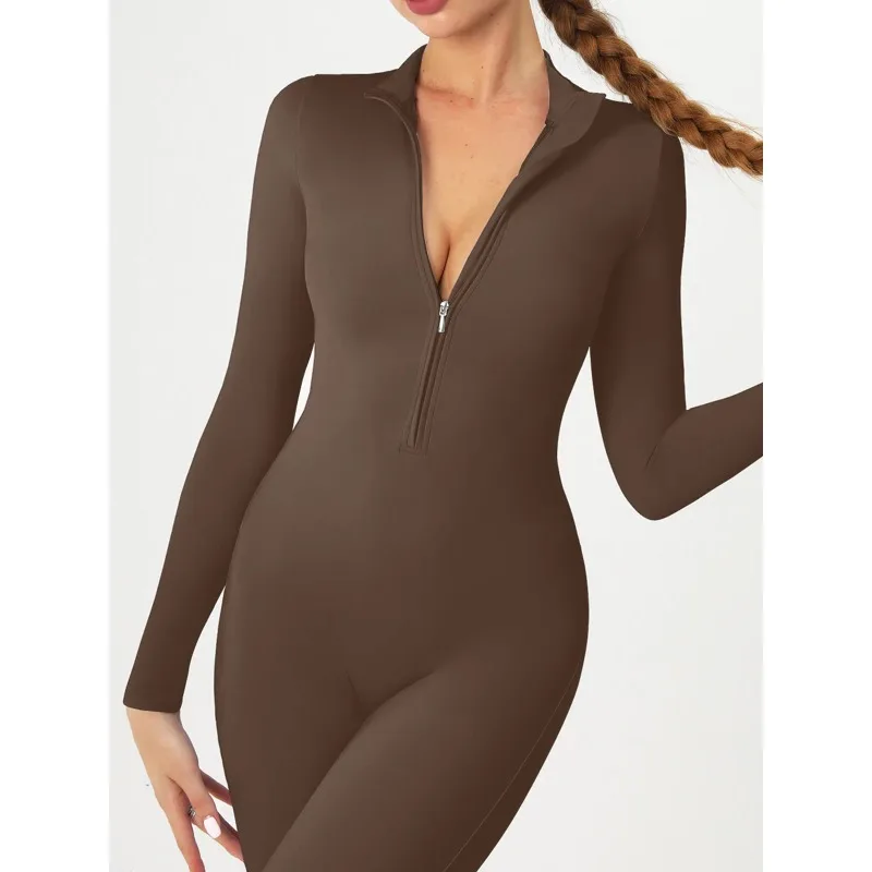 Women Autumn Winter Fleece-Lined Yoga Jumpsuit Seamless Pilates Running Fitness Clothing Long-Sleeved Outdoor Sports Coveralls