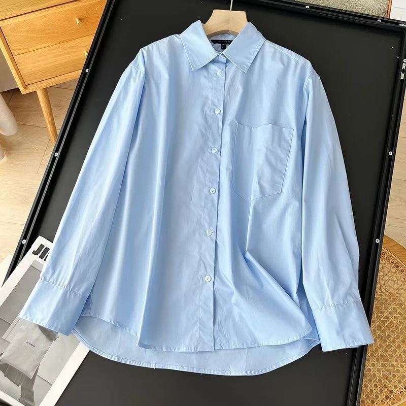 Dave&Di British Fashion Women's Casual Shirt 2023 Autumn Boyfriend Wind  Retro Cotton Large Pocket Loose Blue Shirt Women