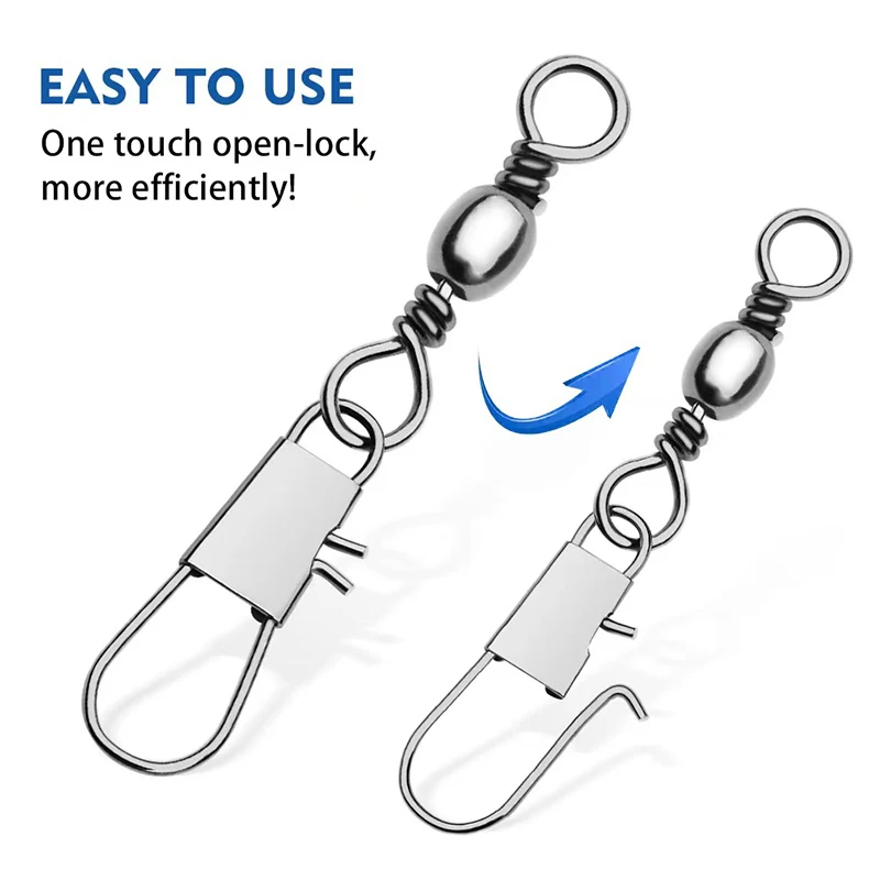 One Touch Lock Fishing Swivel Snap 50Pcs High Strength Stainless Steel Ball Bearing Rolling Swivel Quick Change Saltwater Tackle