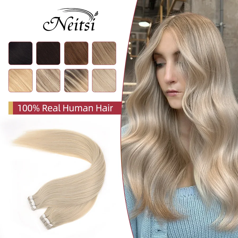 

Neitsi Real Tape Ins Hair Extensions Natural Adhesive Human Hair Straight 12"-24" Blonde Ombre Machine Remy Seamless Skin Weft
