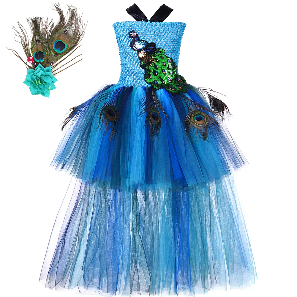 

Girls Peacock Tutu Dress Long Train Children Pageant Party Evening Ball Gown Dress Tulle Kids Halloween Peacock Princess Costume