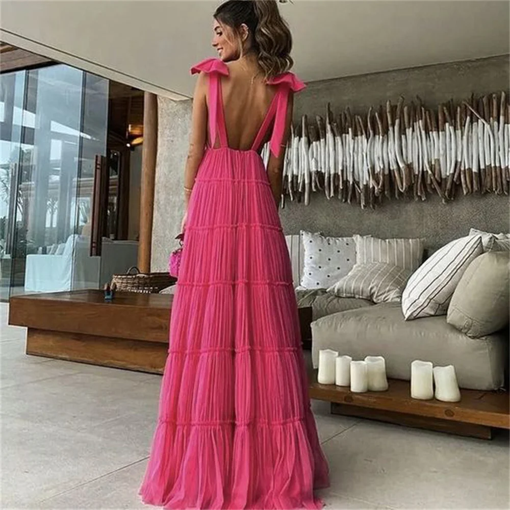 Lily Spaghetti Strap Chic Woman Evening Dress Gown Deep V Neck Ball Gown Pink Beach Backless Night Dress 프롬 드레스 Customized women prom dresses