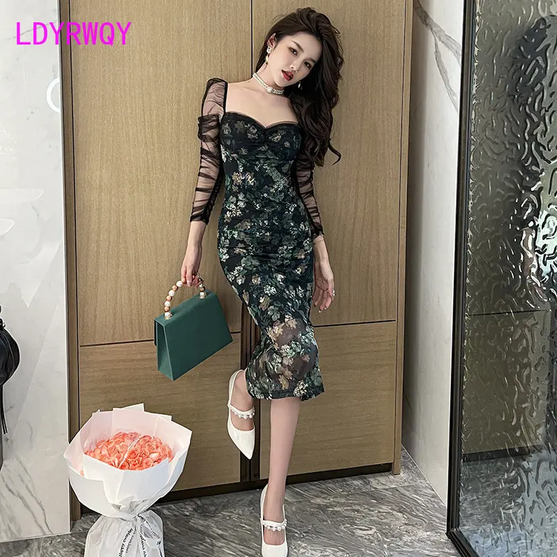 

2022 autumn women's sexy mesh splicing slim print French dress Polyester Knee-Length