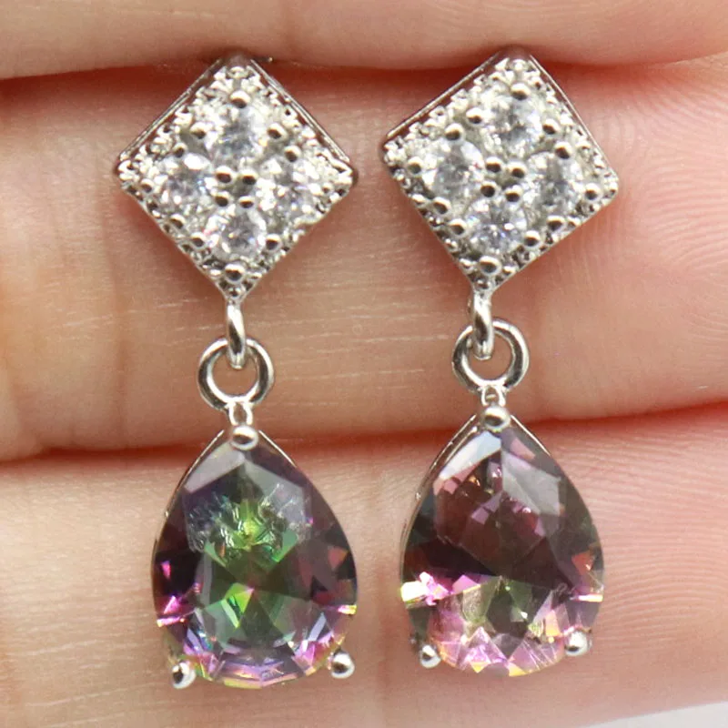 

25x8 мм ослепительный огонь Радуга Мистический топаз огонь Радуга Фиолетовый Топаз Белый CZ невесты свадьба Прямая поставка серебряные серьги
