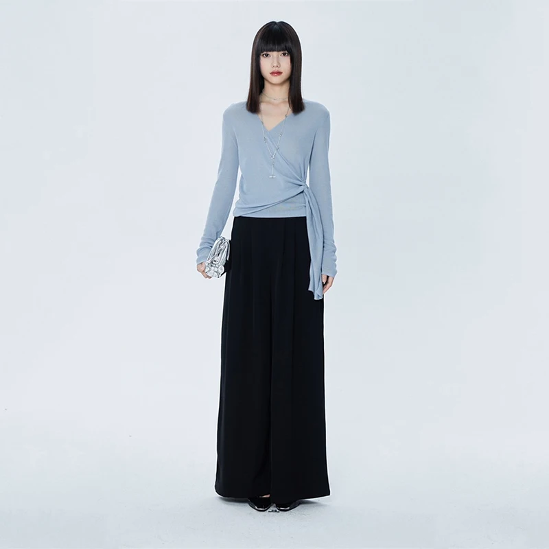 

2023 New Side Tie V-Neck Cross Knit Thin Long Sleeve Top,#1066