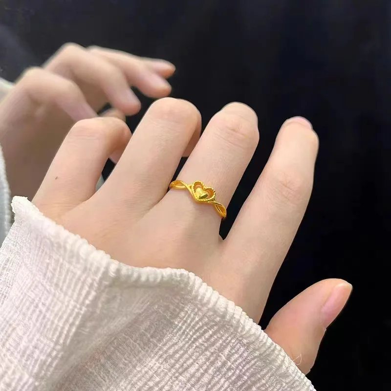 Au999 Yellow Gold Heart Ring Women Niche Design Heart to Heart Open Finger Ring Light Luxury Stacked Heart Ring 6