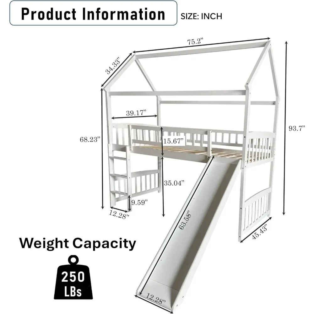 Twin Size Loft Bed with Slide for Kids Bedroom,House Shaped Solid Wood Bedframe w/Full-Length Guardrail Space Saving Design 2