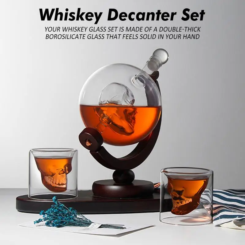 

Whiskey Decanter Set Skull Vodka Globe Decanter With 2 Glasses Liquor Dispenser With Wood Stand