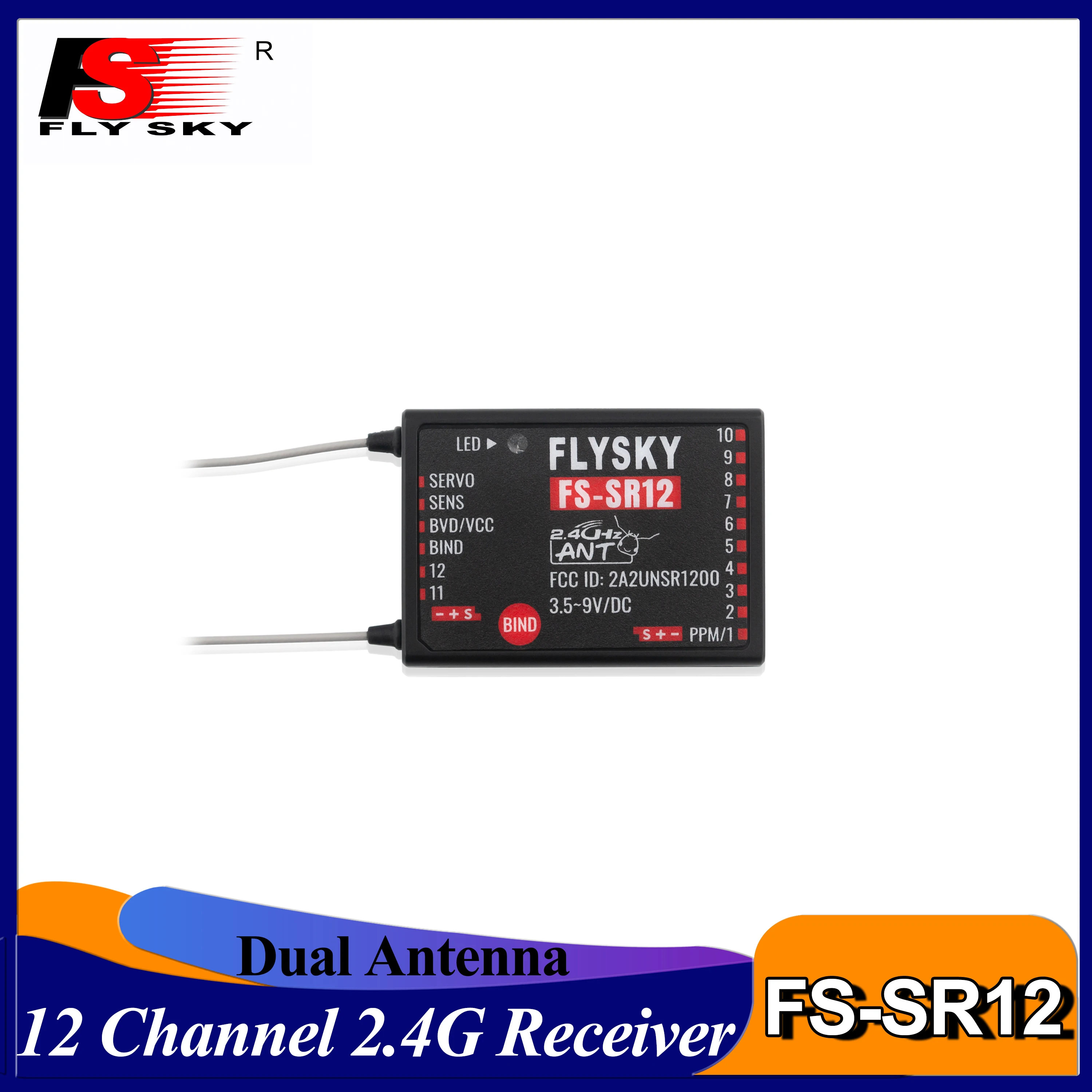 

FLYSKY FS-SR12 12 Channels 2.4G Receiver Dual Antenna for RC Fixed Wing Car Boat Robot Model Toy ANT Protocol Transmitter FS-ST8