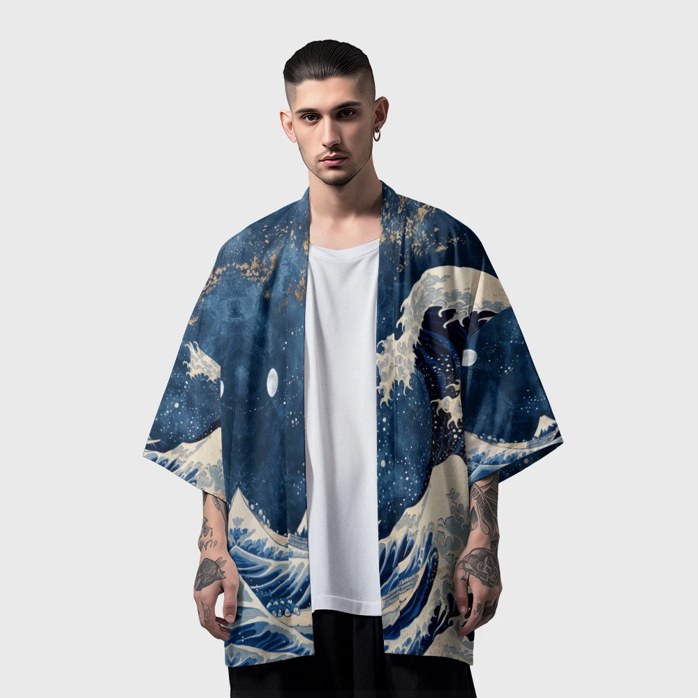 Japanese Kimono Cardigan Summer Samurai Kimono Men Cosplay Stylish Wave Print Haori Streetwear Japanese Fashion Yukata Vintage Cardigan Robe