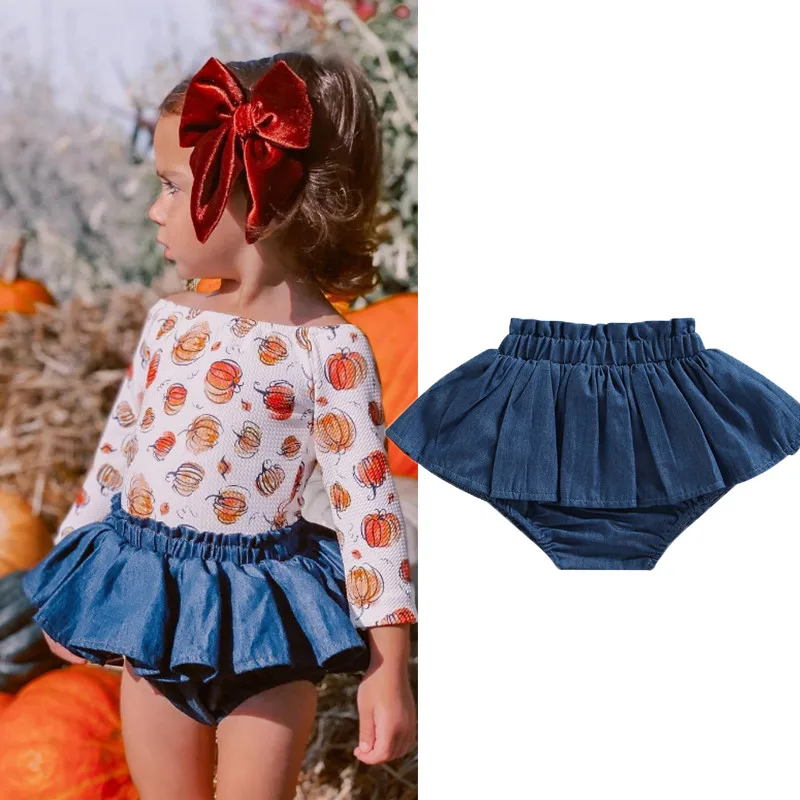 1-4 Years Baby Kids Girls Denim Shorts Elastic Waist Pleated Solid Summer Skirt Shorts Girls Casual Daily Mini Pants