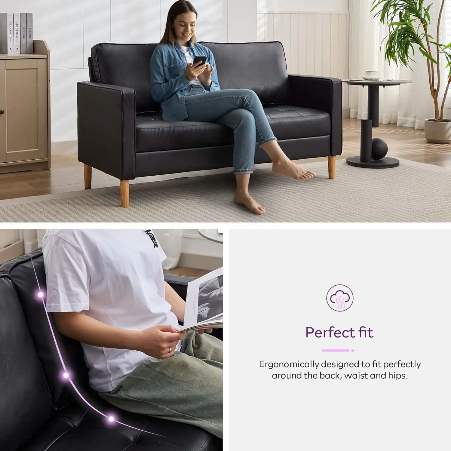 57" Small Black Faux Leather Sofa Couches f Mid-Century Modern Tufted Comfy Loveseat, 2 Seater Office Couch Love Seat