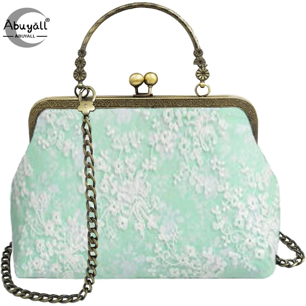 Abuyall Kiss Lock Top-Handle Handbag Lace Floral Purse Women Canvas Chain Strap Evening Tote Metal Frame Shoulder Crossbody Bag