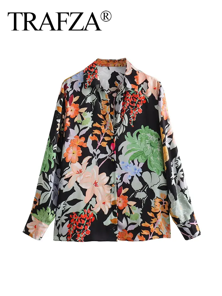 

TRAFZA Модная Повседневная рубашка с длинным рукавом, v-образным вырезом и пуговицами, ретро женский топ, летняя Женская атласная рубашка с цветочным принтом