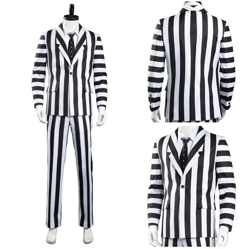 

2022 New Beetlejuice Adam Cosplay Costume Men Black and White Striped Suit Jacket Shirt Pants Outfits Halloween Carnival