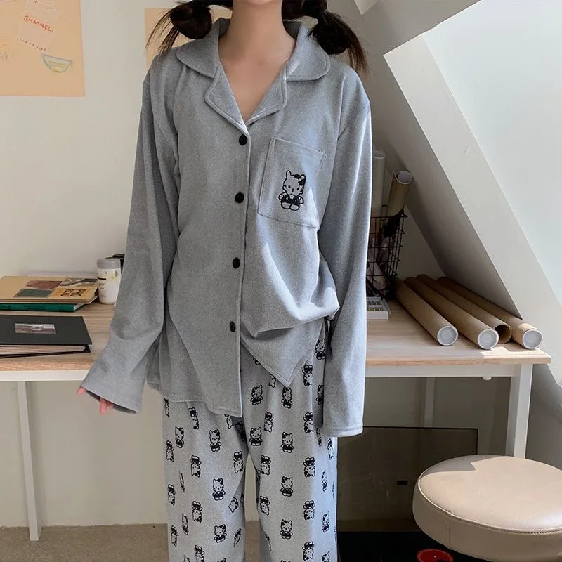 

Sanrios аниме Hellokitty плюшевые пижамы мультфильм Осень-зима утепленная ночная рубашка с длинным рукавом Брюки с отворотом фотоподарок