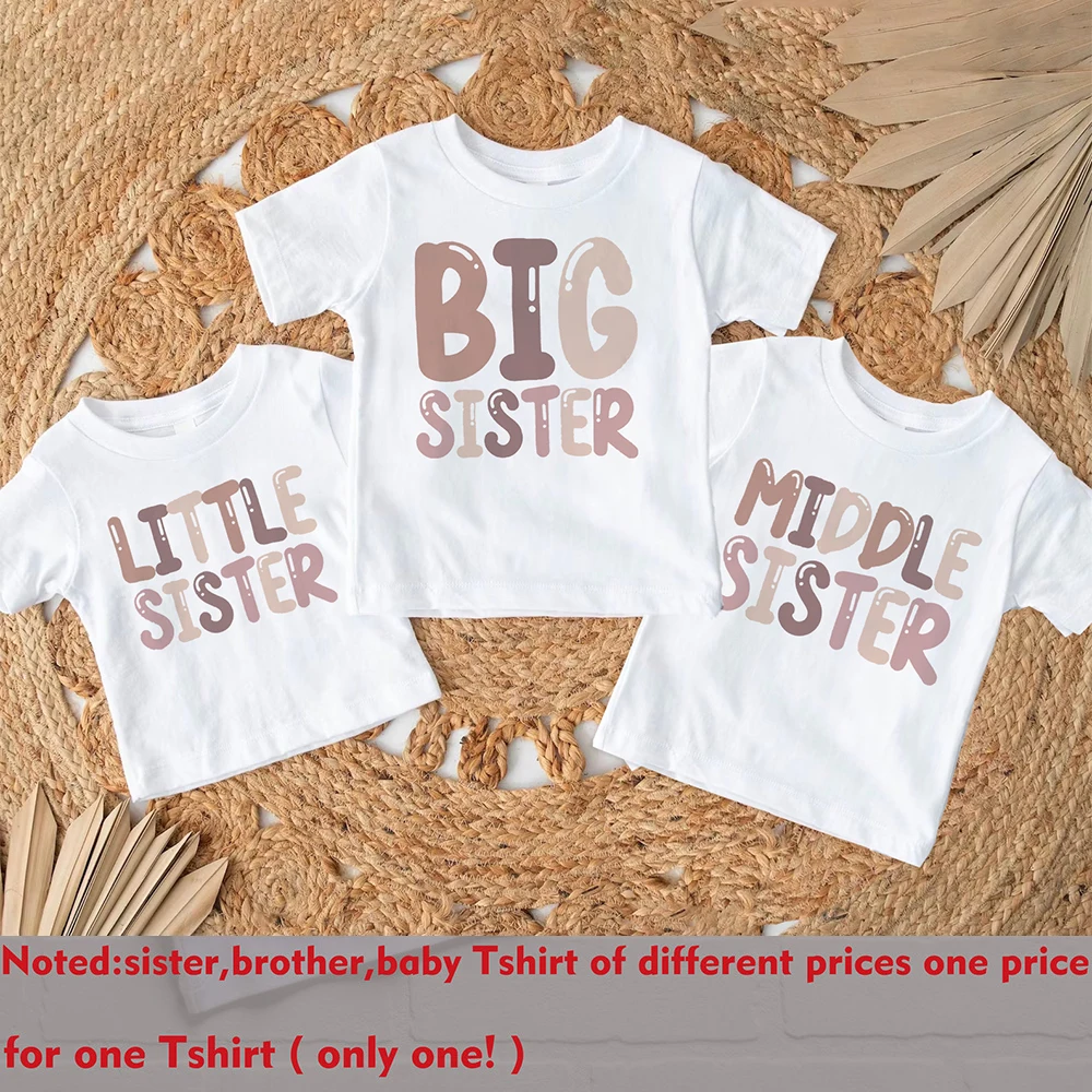 Big Middle Little Sister Print Family Matching Shirt Girls Sibling T-shirt Girls Summer Tee Clothes Kids Short Sleeve Outfit Top 3