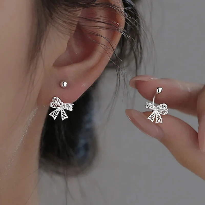 S925 Silver Needle Lace Hollow Bow Screw Buckle Puncture