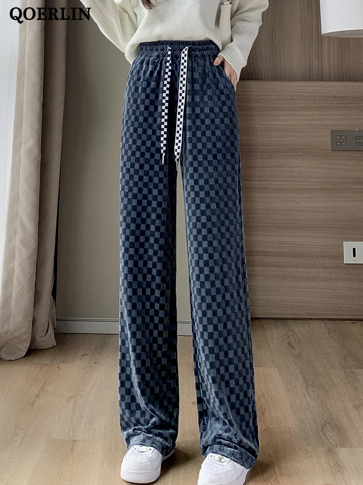 QOERLIN Velvet Wide Leg Trousers Autumn Winter New Stylish Loose Check Pattern Straight Hight Waist Drawstring Trousers Female blue kaki check formal professional pioneer suit women s office formal uniform design trousers suit professional women s busines