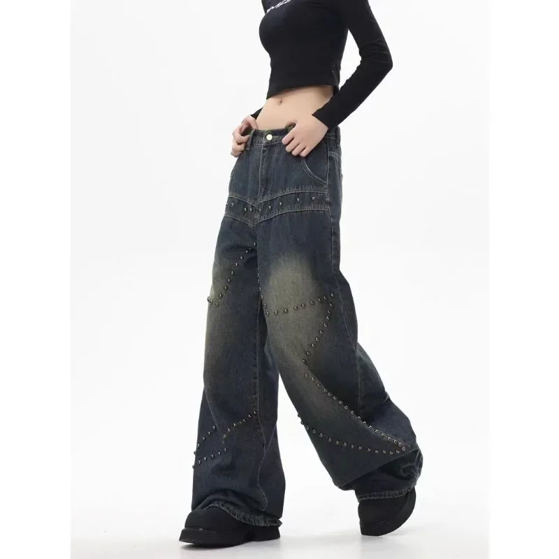 QWEEK Star Girls Y2k Grunge Jeans Oversized Streetwear Baddies Gothic Denim Pants Women Vintage Korean Fashion Wide Leg Trousers