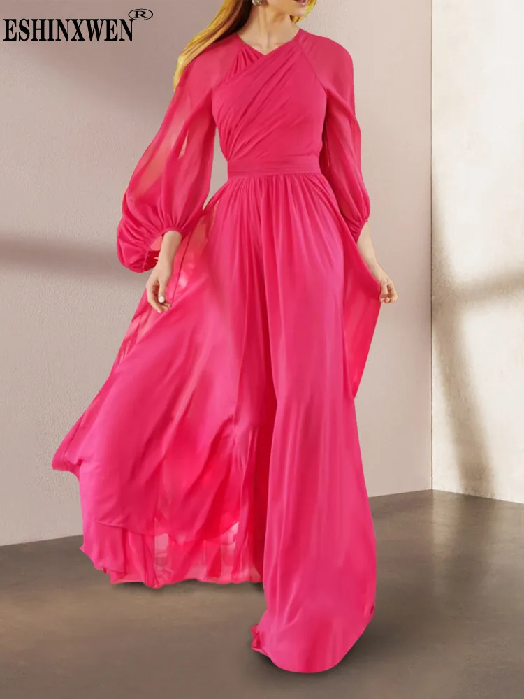 

Eshin Round Collar Lantern Sleeve Loose Waist Solid Color Luxury Dress For Women 2023 Autumn Fashion Female New Dresses TH5111