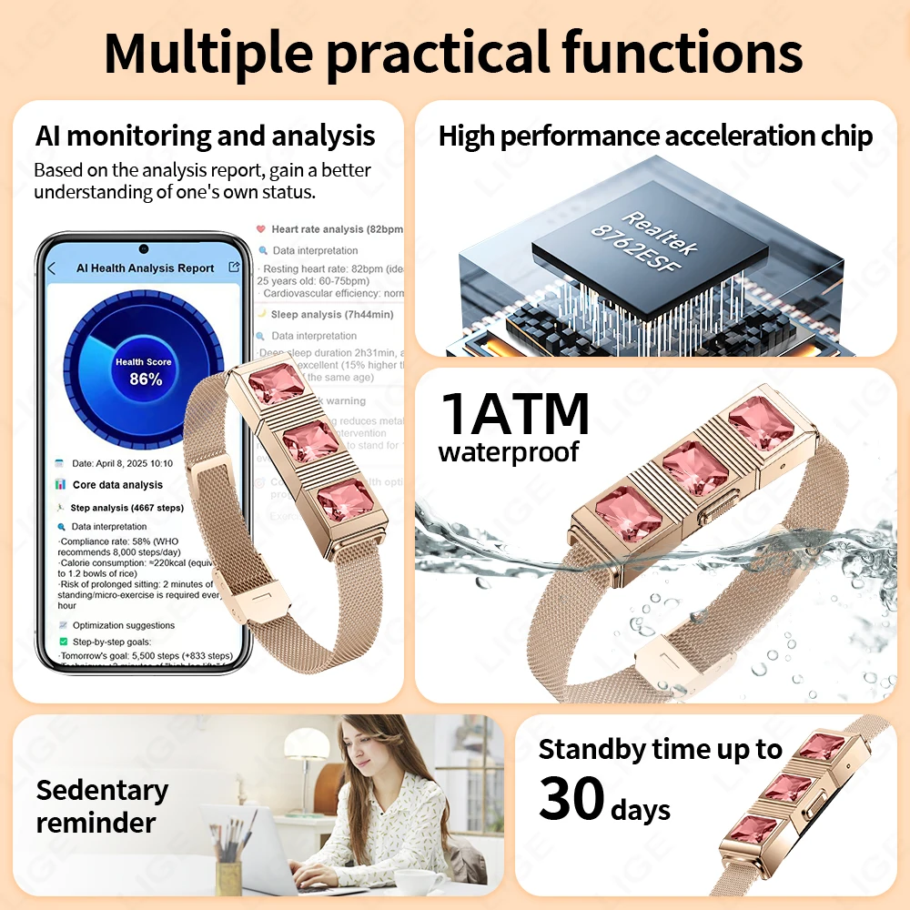 Fashion Rhinestone Smart Bracelet Health Tracker Sleep Heart Rate Monitor Sport Band Smart Watch 1ATM Waterproof For Android IOS