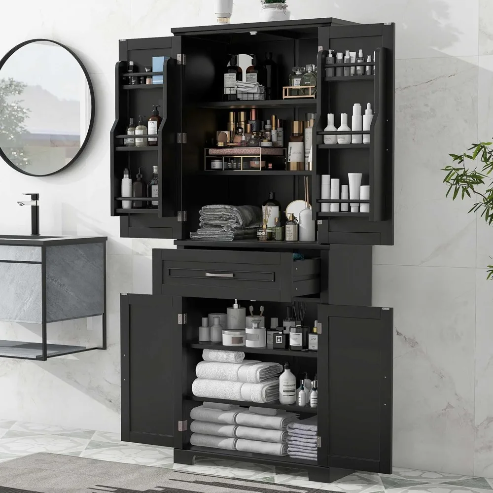 Storage Cabinet with Doors and Drawer, Pantry Cupboard with Rack Organizers Wide Display Shelf for Bathroom or Kitchen, Black