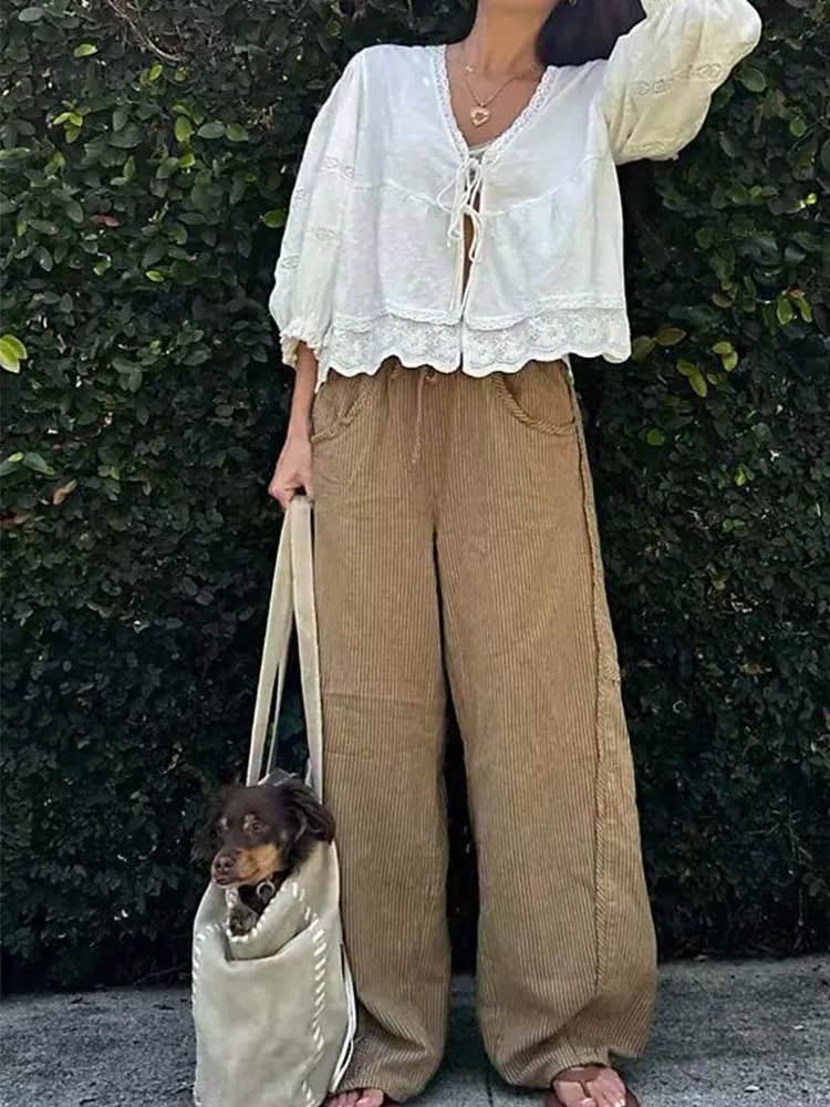 Fashion Chic Striped Print Women Pants Side Pockets Long Straight Loose Pants 2025 Autumn Streetwear Female Trousers