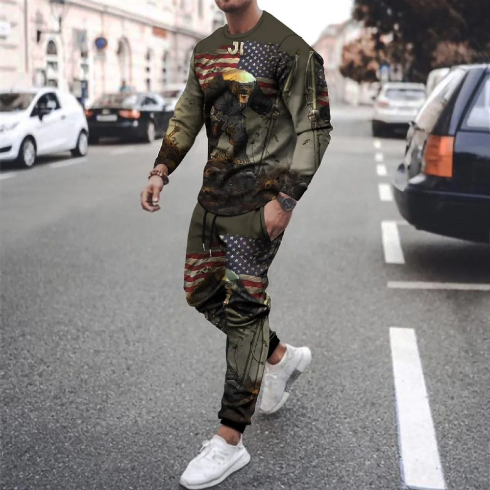 2022 Spring and Autumn Men's Sportswear Trend 3D Print Long-sleeved T-shirt + Trousers Suit Men's Casual Sportswear 2-piece Set