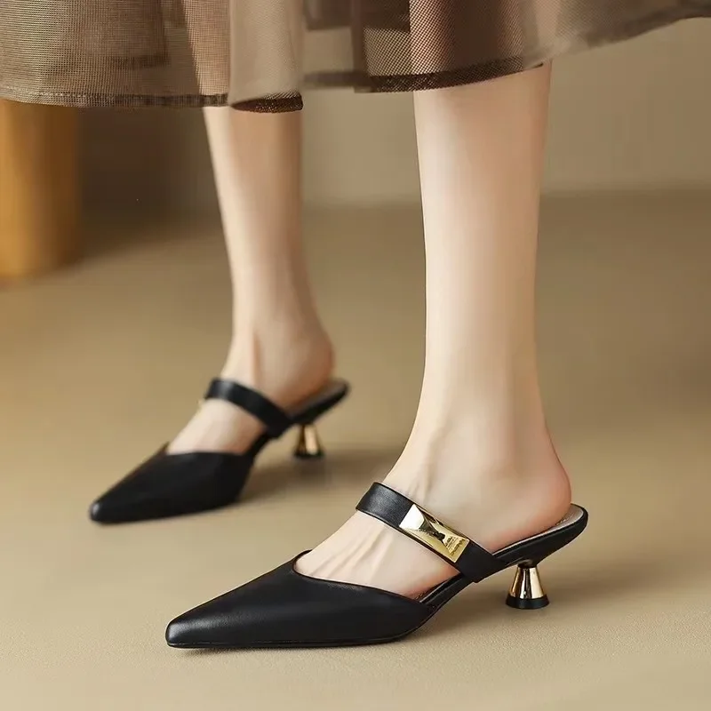 Women Kitten Heels Mules Golden Rivet Pointed Toe Summer Sandals Fashion Beige Ladies Casual Med Heels  Luxury Shoes 6