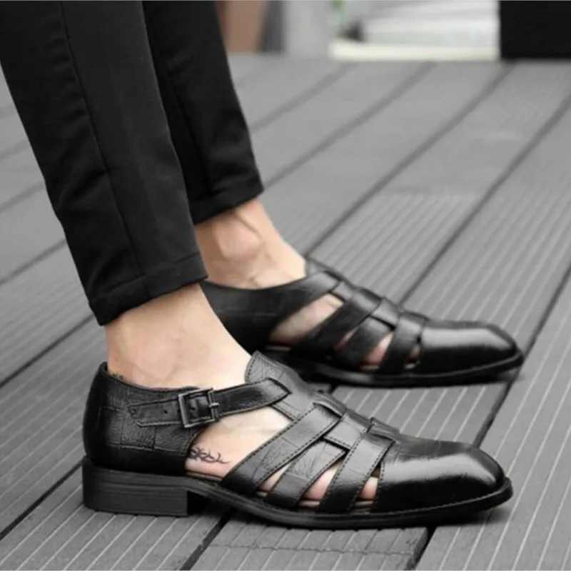 Pointed hollow buckle casual all-match men's sandals dress shoes summer leather shoes D208