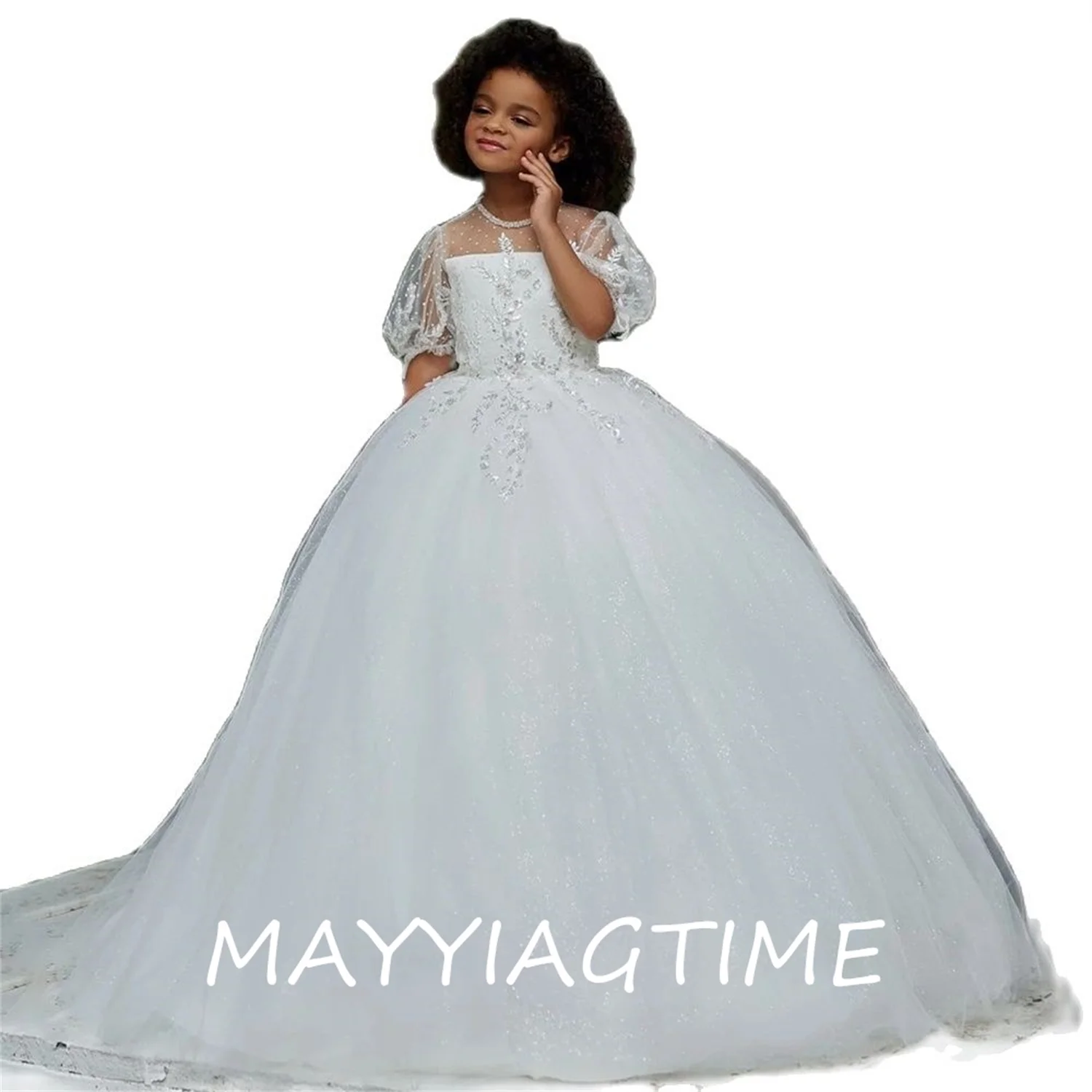 

Flower Girl Dresses Pure White Sequins Applique Birthday Party Ball Gown