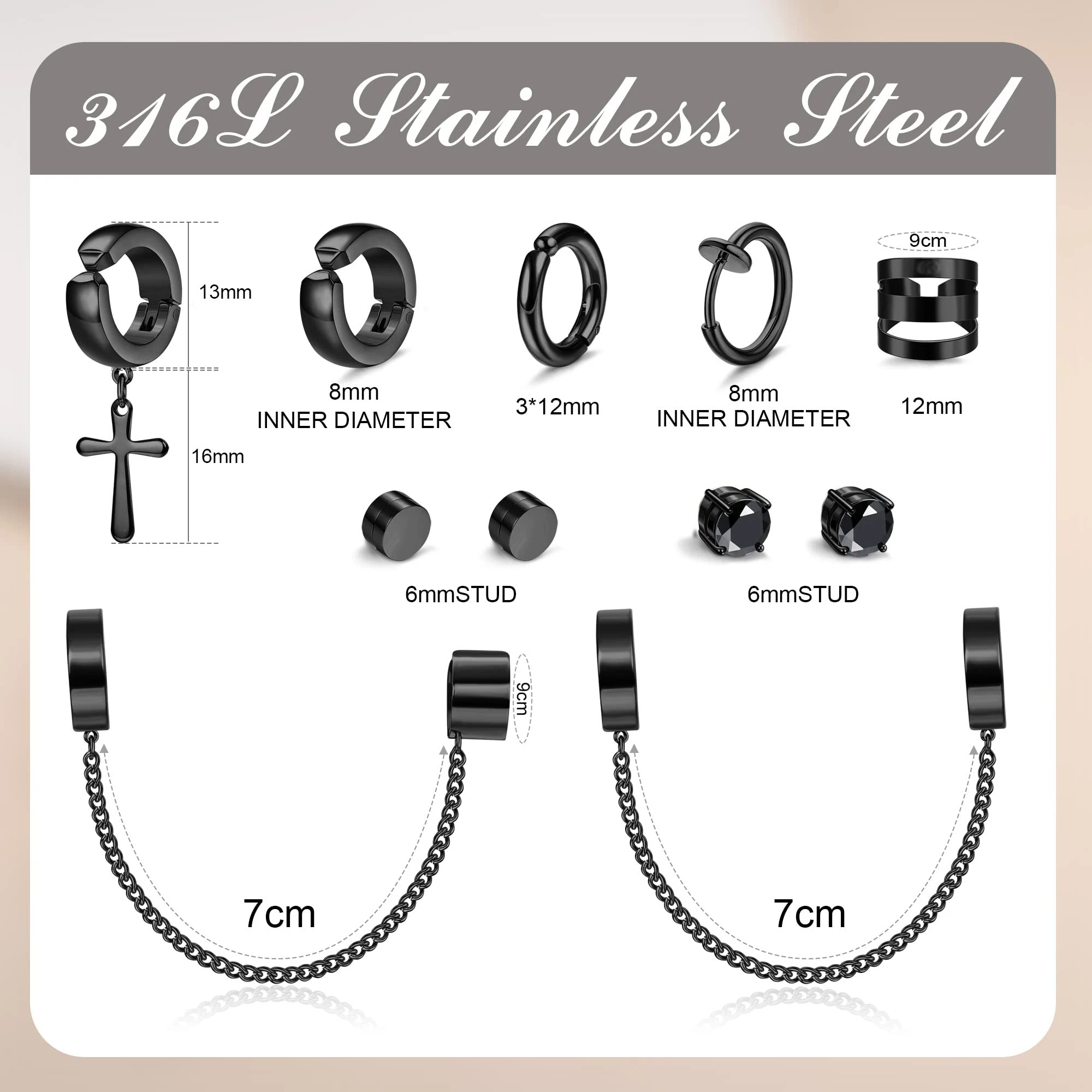 1-9 Pairs 316L Stainless Steel Non-Piercing Clip on Cross Chain Dangle Hoop Earrings CZ Magnetic Stud Earrings Set hoop earrings stud earrings ear clip earrings clip earrings ear clip ear accessories magnetic earrings