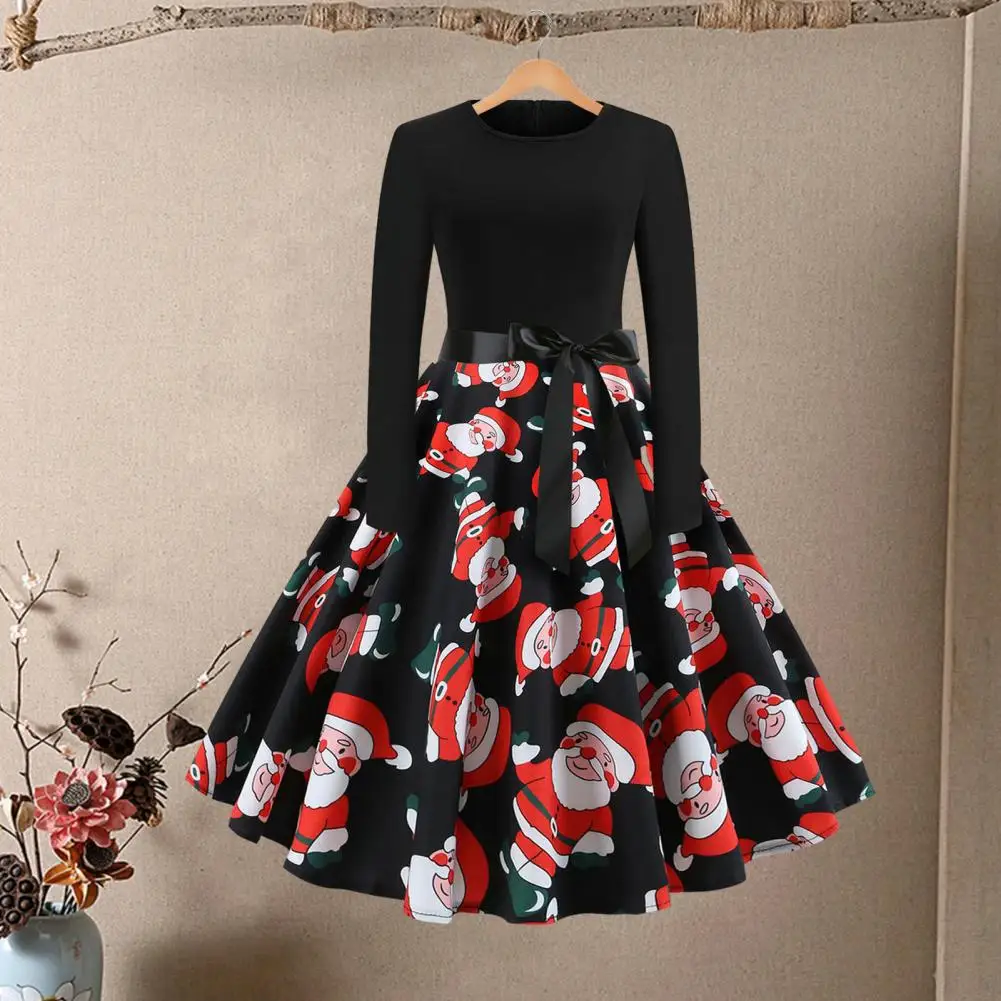 

Рождественское платье с принтом Санта-Клауса, рождественское праздничное платье для женщин, а-силуэт, Свободный Подол, вечернее платье миди с длинным рукавом
