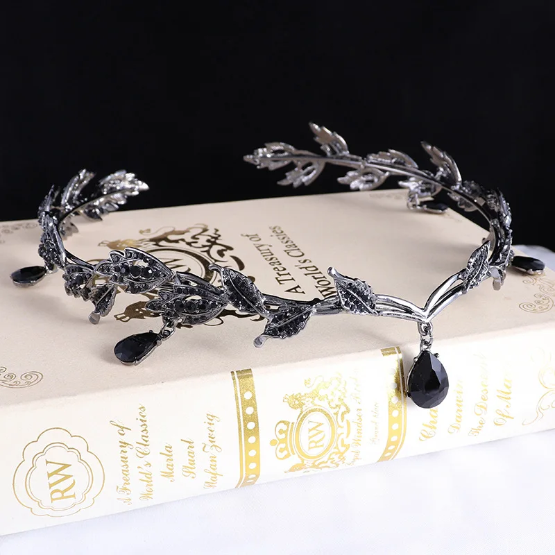 

Baroque Womens Black Metal Leaves With Rhinestone Crown Party Headwear