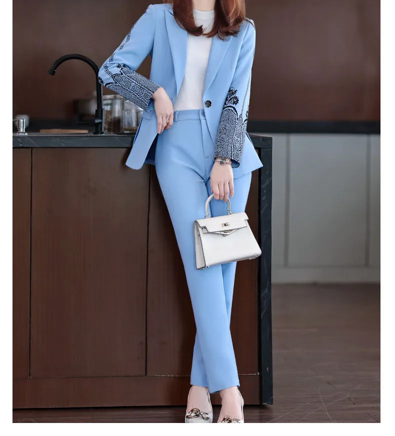 Tesco Casual Women Suit 2 Piece Long Sleeve Print Blazer Pencil Pants For Office Professional Women's Suit Fashion Suit