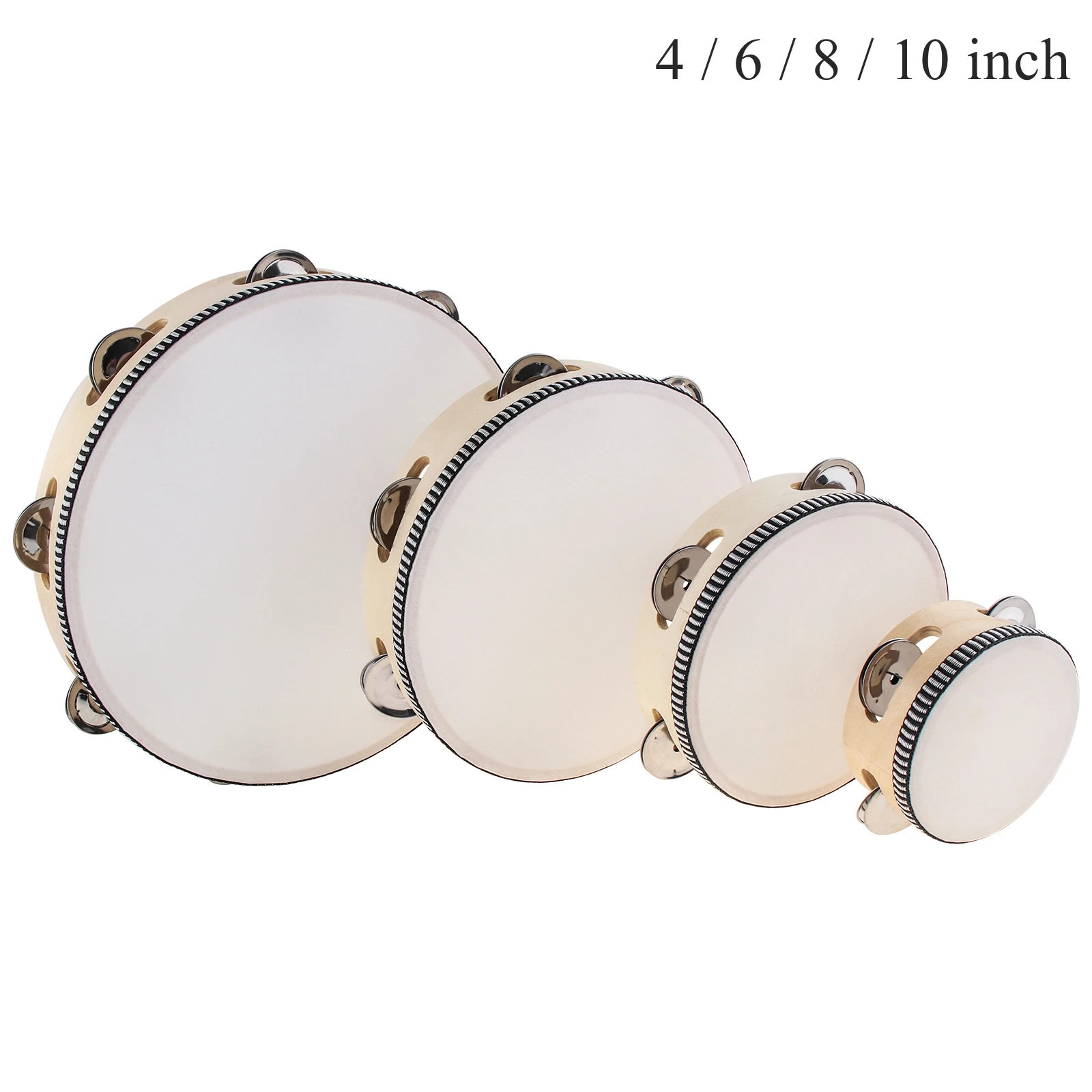 4 / 6 / 8 10 inch Hand Held Single Row Metal Jingles Wood Tambourine Musical Educational Rhythm Percussion Instrument Gifts