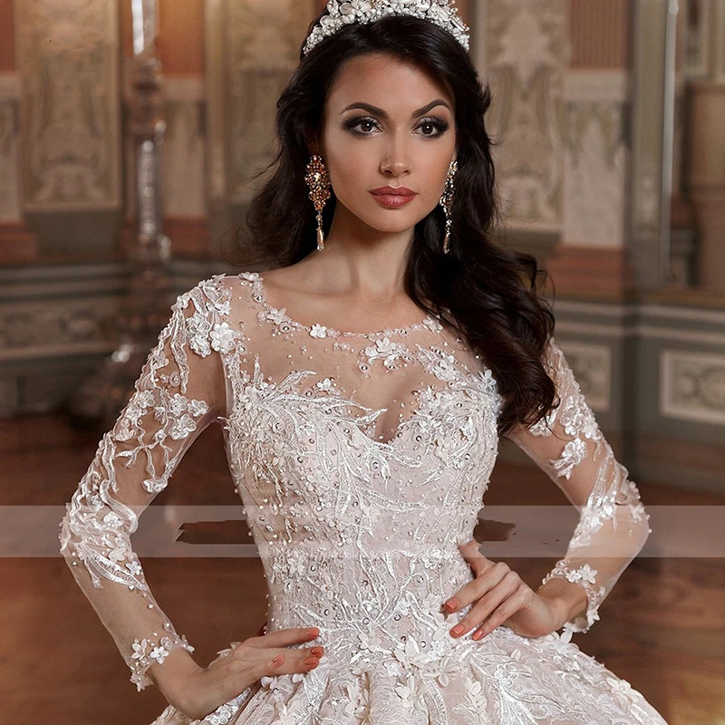 Luxury Women's Wedding Dresses Elegant Retro Round Neck Bridal Gowns Lace Applique A-Line Church Beads Vestidos De Noiva Manga 3