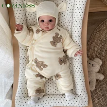 

Newborn Baby Romper Pure Cotton Soft Comfortable Thicken Keep Warm Cute Cartoon Bear Print Romper Unisex Children Clothes Winter