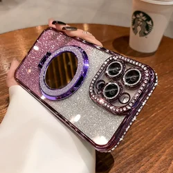 Luxury Diamond Clear Glitter Phone Case with Mirror Magnetic Holder and Stand - iPhone 15 Pro Max (PURPLE)
