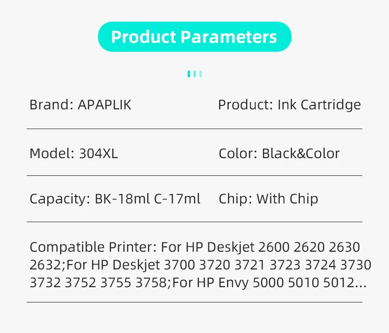 Description Picture 3 of itemAPAPLIK 304XL 4Pack Remanufactured Ink Cartridges 304 XL For HP Deskjet 2620 3700 3720 3752 5000 5010 5030 Envy 2620 2630 2632