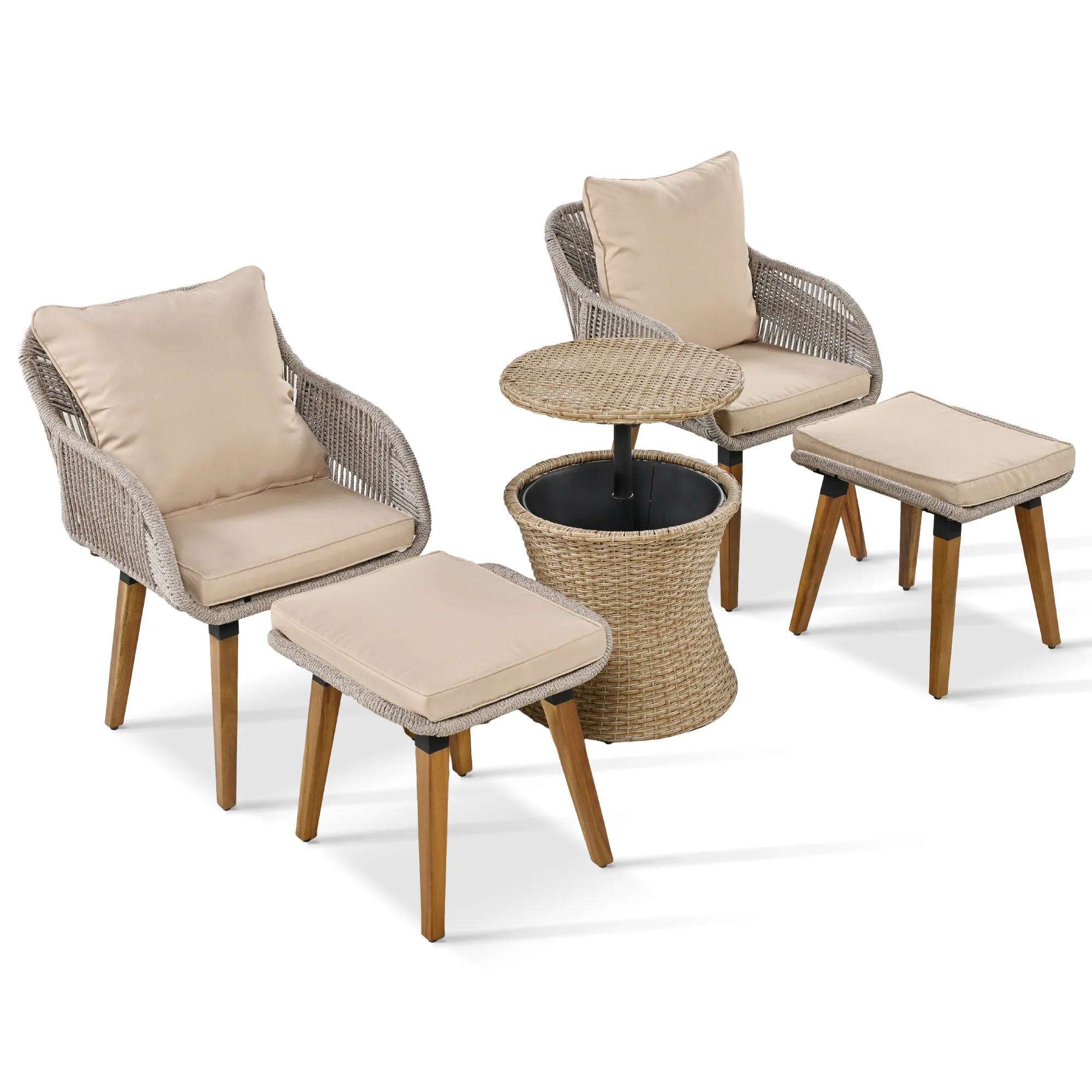 5 Pieces Outdoor Patio Furniture Set Wicker Bar Table with 2 Bistro Conversation Set With Single Chairs and Stools for Balcony