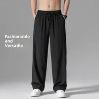 Ice Silk Men's Summer Trendy Qui Dry Casual Pants Drapey Wide Leg Straight Long Trousers Lightweight Loose Fit Bla