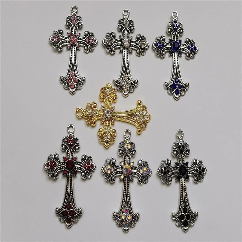 

2pcs Antique Silver Color Tone Cross Charms Religious Faith Alloy Rhinestone Big Pendants for Necklace Jewelry Making Findings